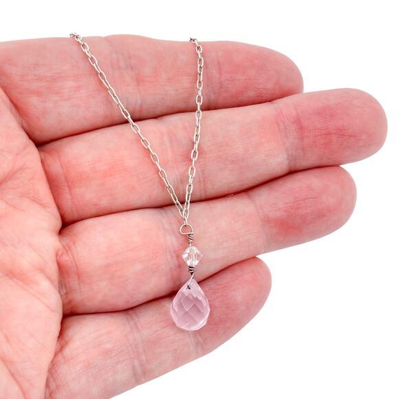 Vintage Sterling Silver Pink Glass Drop Necklace | Adjustable 16”-19” - Picture 1 of 6